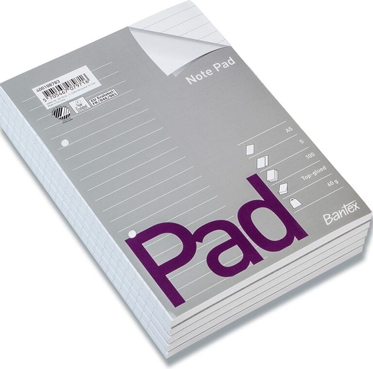 Standardblok A5 hvid linieret toplimet 60g m/2 huller 5blk/pak